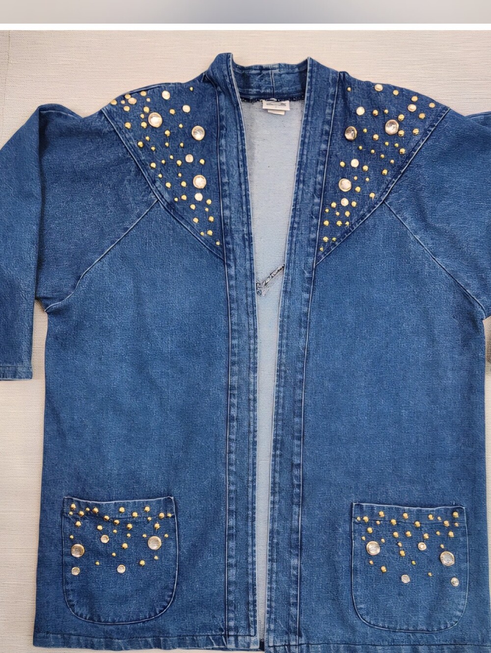Rio Vintage Large Blue Denim Jacket Studs Embellished Long Sleeve Shoulder Pads